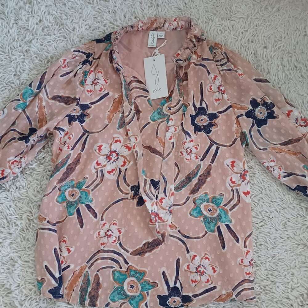 Joie Women’s Floral Sheer Blouse Top S/P – Blush Multicolor Ruffle Neck NWT